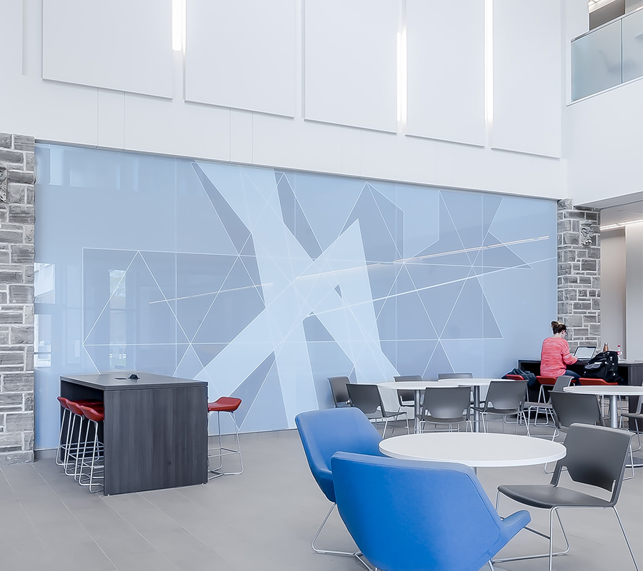 custom white print privacy film in contemporary office